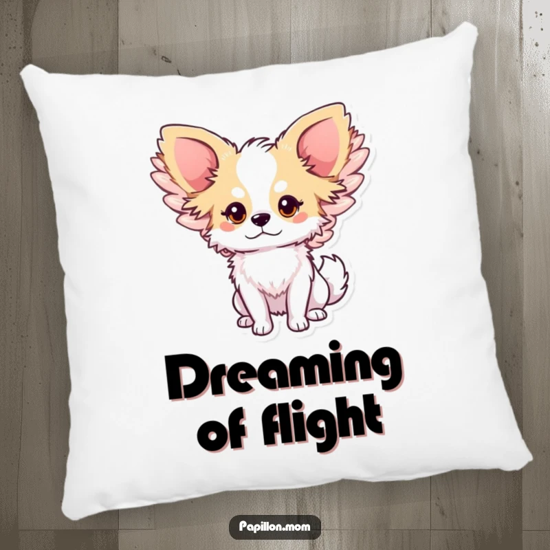 Funny Papillon dog pillow with a cute character wearing large, softly flapping wings, offering comfort and a touch of dreamy elegance.