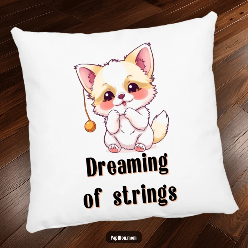 Funny Papillon pillow with a cute dog energetically playing with a dangling string, radiating joy and playful energy.