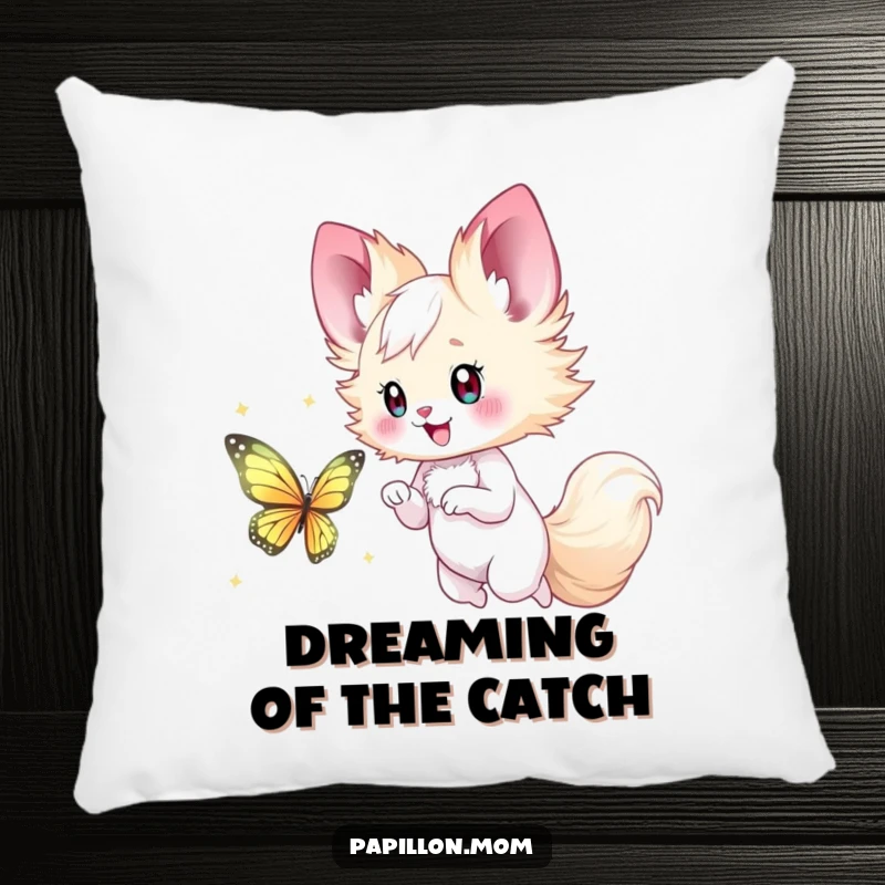 Funny Papillon Lady Pillow showcasing a happy chase after a shimmering butterfly, offering comfort with a playful and whimsical touch.