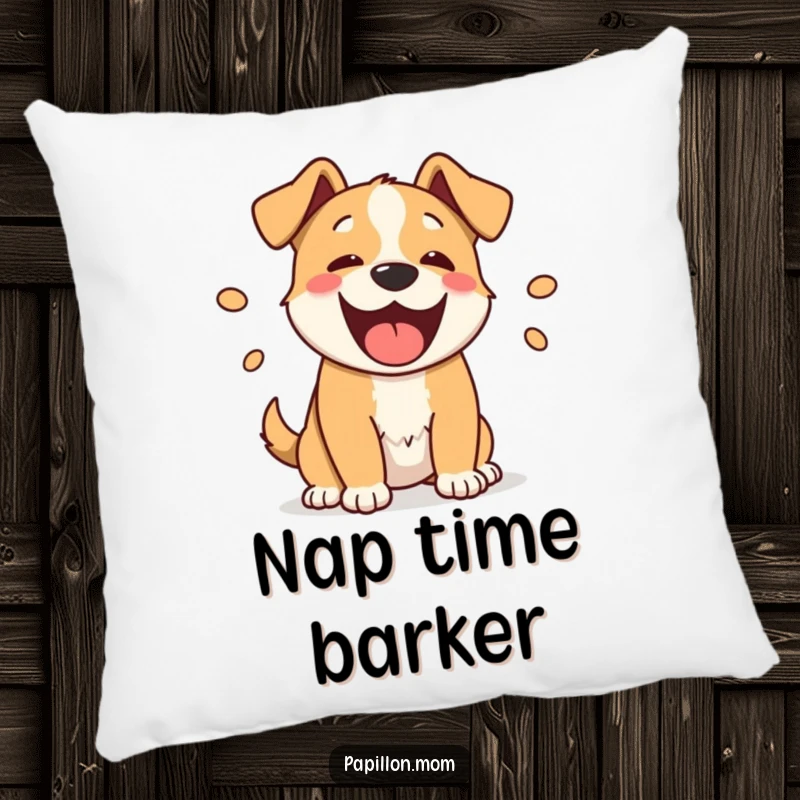 Funny barking dog pillow with a cute illustration of a happy dog and sound ovals, offering comfort and humor.