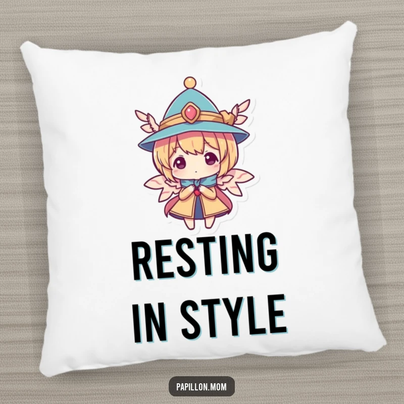 Funny pillow featuring a character wearing a small, elegant hat with wings, offering cozy comfort and a touch of whimsical sophistication.