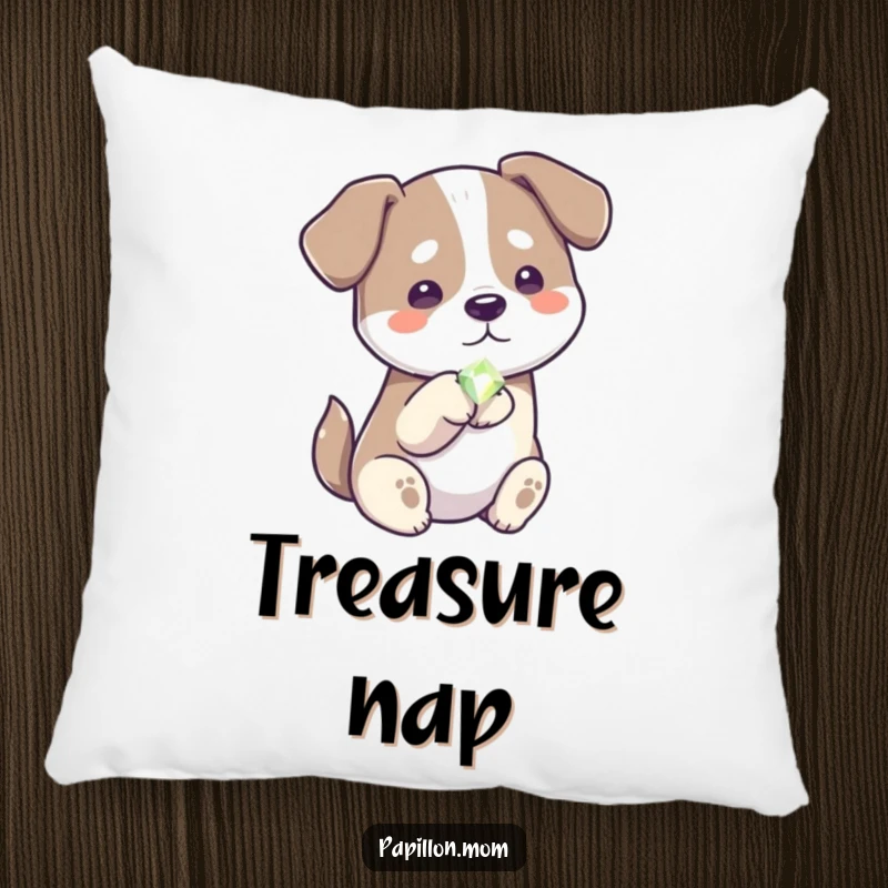 Funny generous dog pillow, featuring a dog offering a small, shiny gem, symbolizing kindness and comfort.