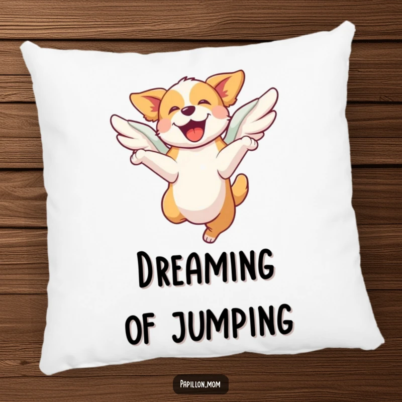 Funny pillow showcasing a dog leaping with joy, its wings providing an extra boost, offering comfort and a touch of pure elation.