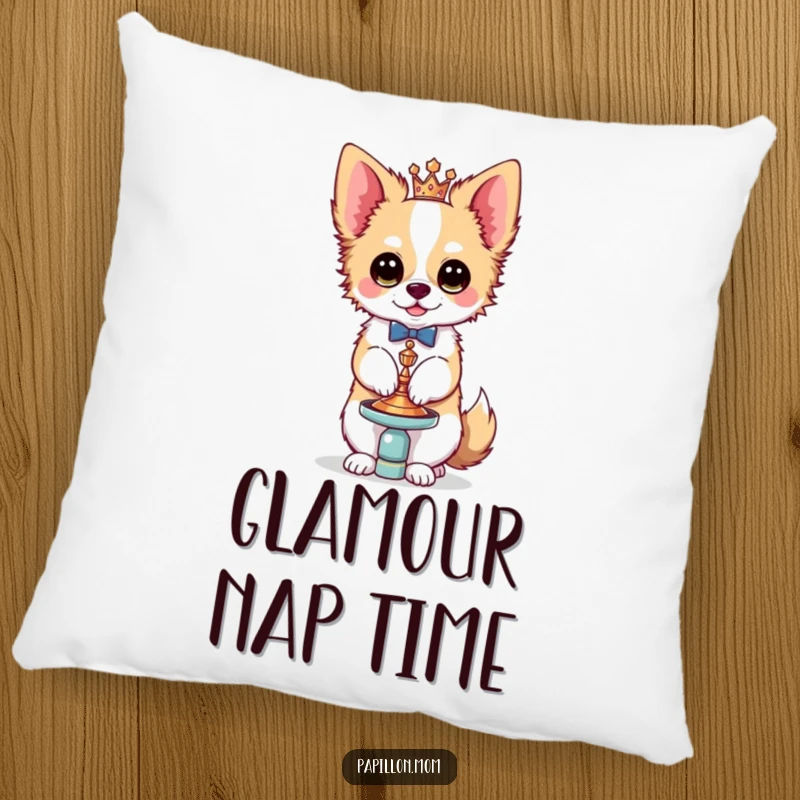 Funny Kawaii Papillon dog pillow, illustration of a cute French butterfly dog balancing a small, ornate accessory with playful elegance and charm.