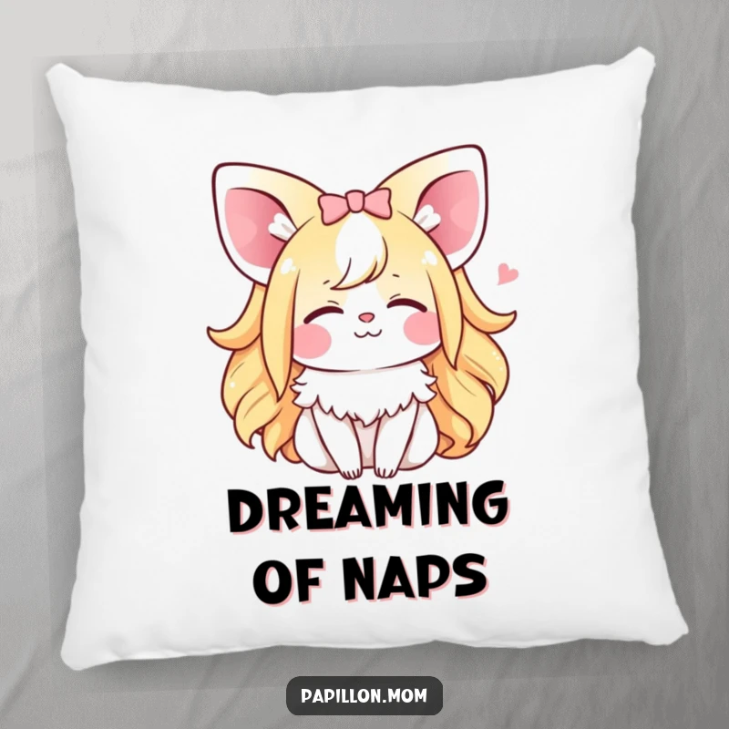 Funny Kawaii Papillon Lady pillow featuring a content dog with eyes closed and a tiny happy sigh, perfect for comfortable relaxation and cute decor.