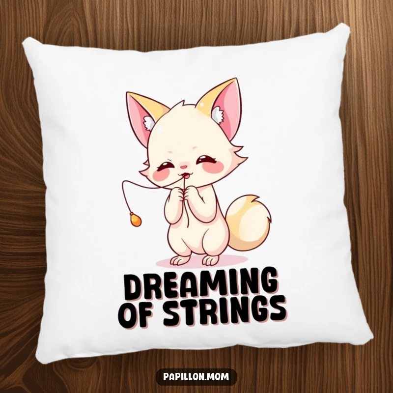 Funny Kawaii Papillon pillow featuring a cute lady playfully batting at a dangling string, bringing soft comfort and silly fun.