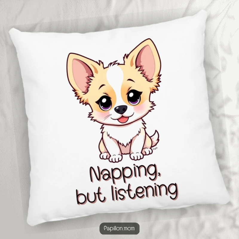 Funny Papillon dog pillow with a cute character whose ears are perked, listening intently, combining comfort with a hint of playful curiosity.