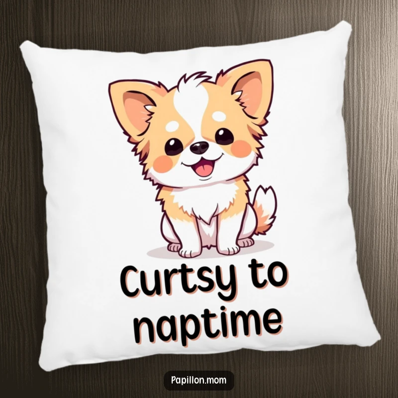 Funny Papillon dog performing a graceful and happy curtsy, presented on a plush, decorative pillow.