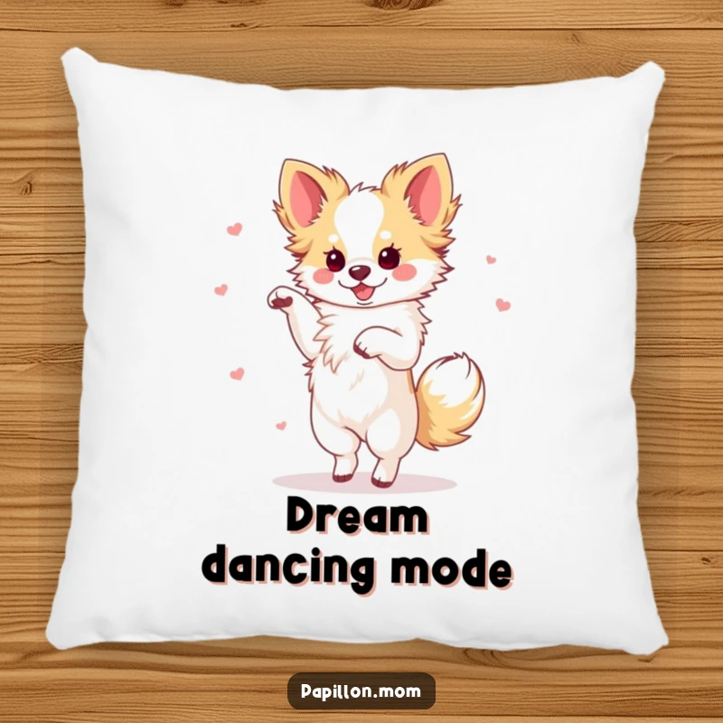 Funny Papillon dog performing an elegant dance with a flourish, presented on a plush, decorative pillow.