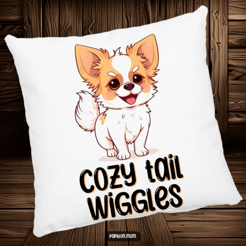 Funny pillow with a Papillon dog joyfully wagging its plumed tail, offering comfort and cheerful decor.