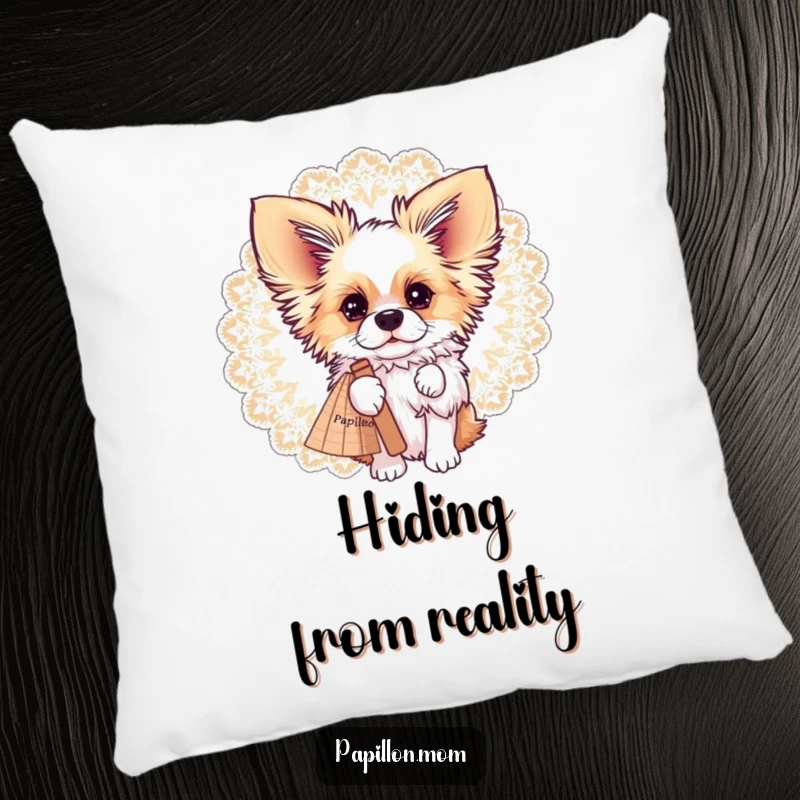 Funny Papillon dog’s mischievous eyes and nose visible behind a beautiful lace fan, on a decorative throw pillow.
