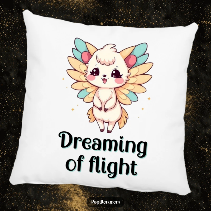 Funny Papillon Lady Pillow showcasing delicate wings fluttering joyfully, offering comfort and a cheerful, lighthearted presence.