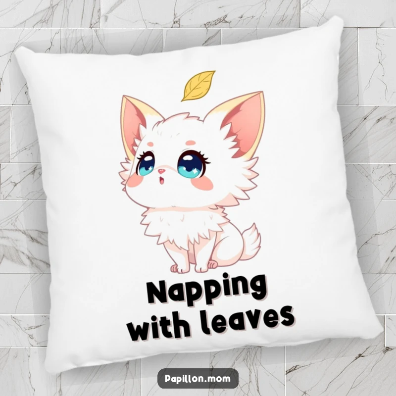 Funny Papillon pillow featuring a dog with sparkling eyes looking up at a falling leaf, bringing a sense of calm.