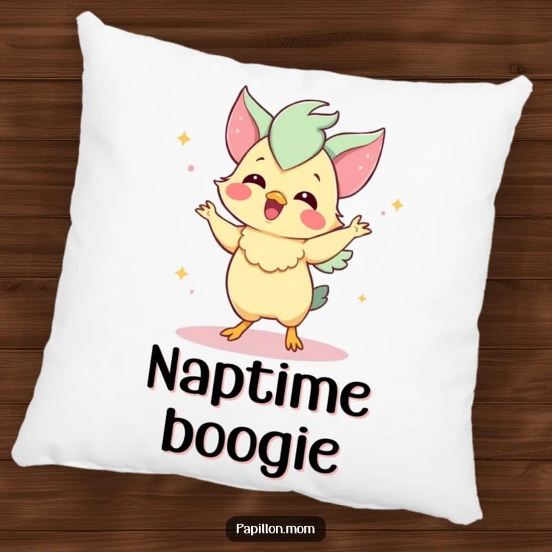 Funny Papillon pillow depicting a delighted Papillon dog performing a charming dance, offering a cozy and humorous decorative touch.