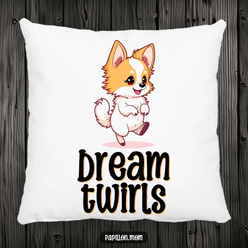 Funny Papillon dog pillow featuring a dog in a quick, joyful twirl, great for comfort and decor.