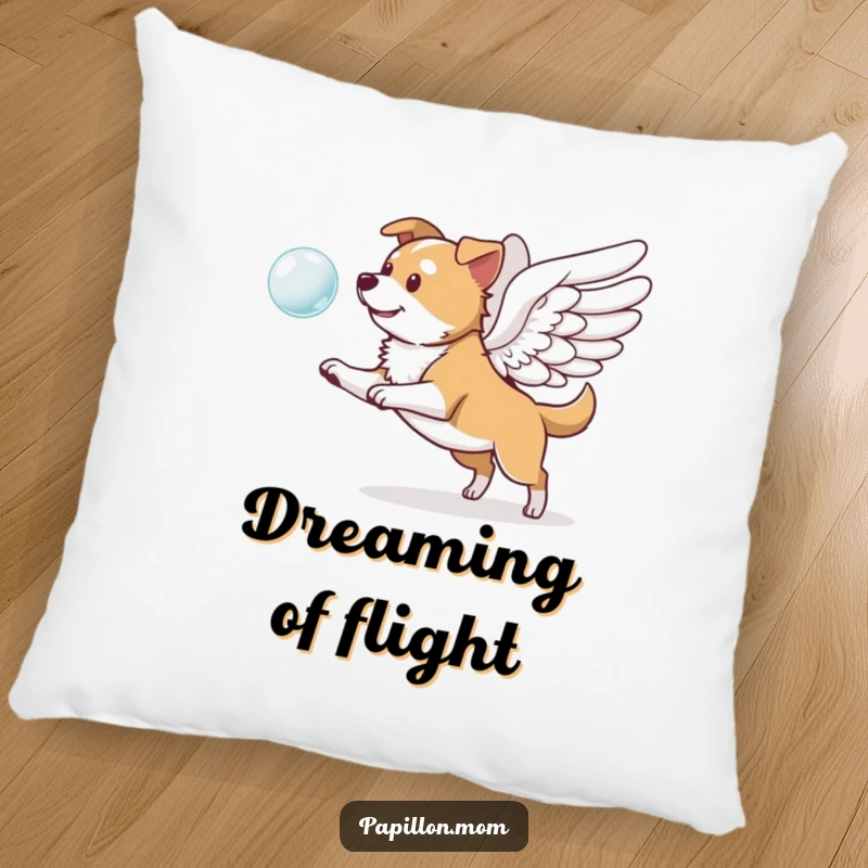 Funny pillow featuring a dog with prominent wings, playfully chasing a floating bubble, adding comfort and a touch of enchantment.