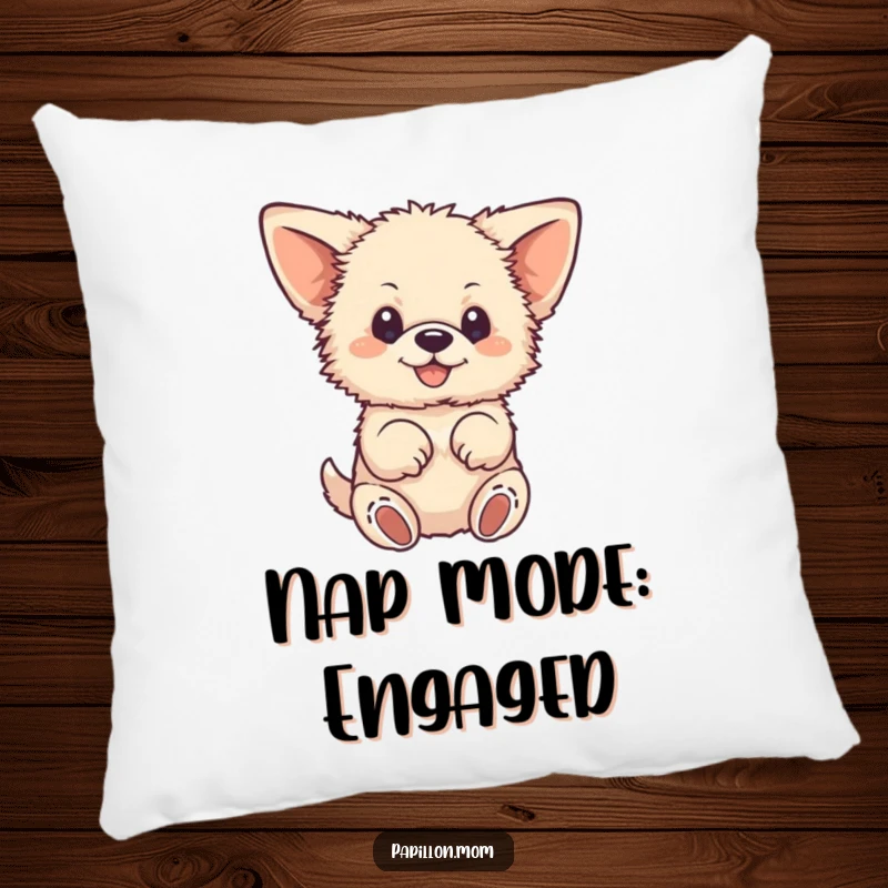 Funny pillow showcasing a small, fluffy dog with oversized ears, joyfully fluttering its paws, offering comfort and a touch of canine cheer.