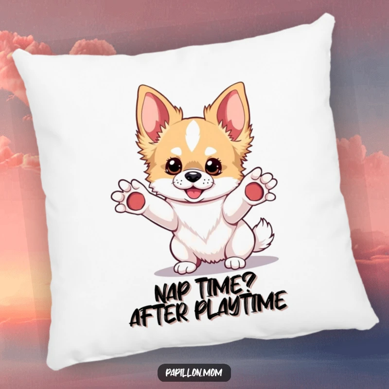Funny Kawaii Papillon dog pillow, soft cushion featuring a cute pup with paws up, ready for hugs and play.