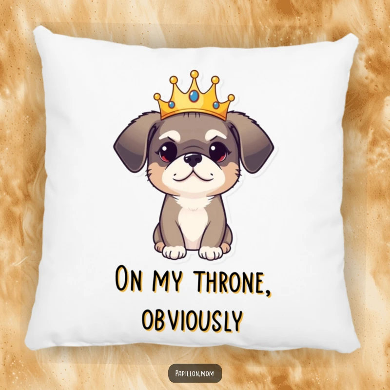 Funny Pillow: A dog wears a small crown, exuding regal charm with a playful twinkle, bringing cozy royalty.