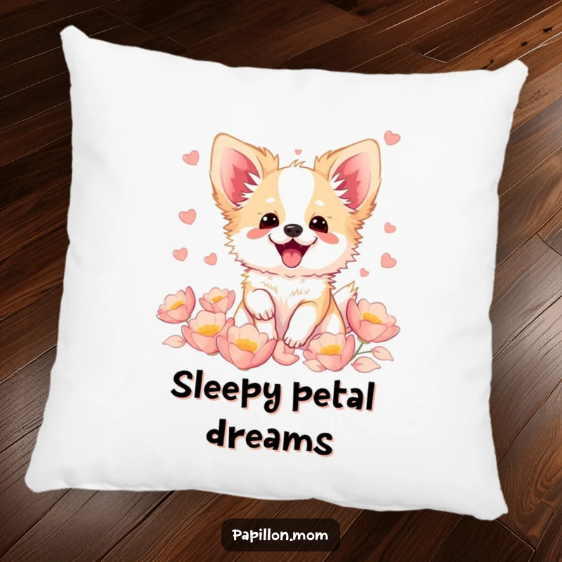 Funny Kawaii Papillon dog pillow, illustration of a cute French butterfly dog fluttering with excitement amidst soft petals, adding comfort and joy.