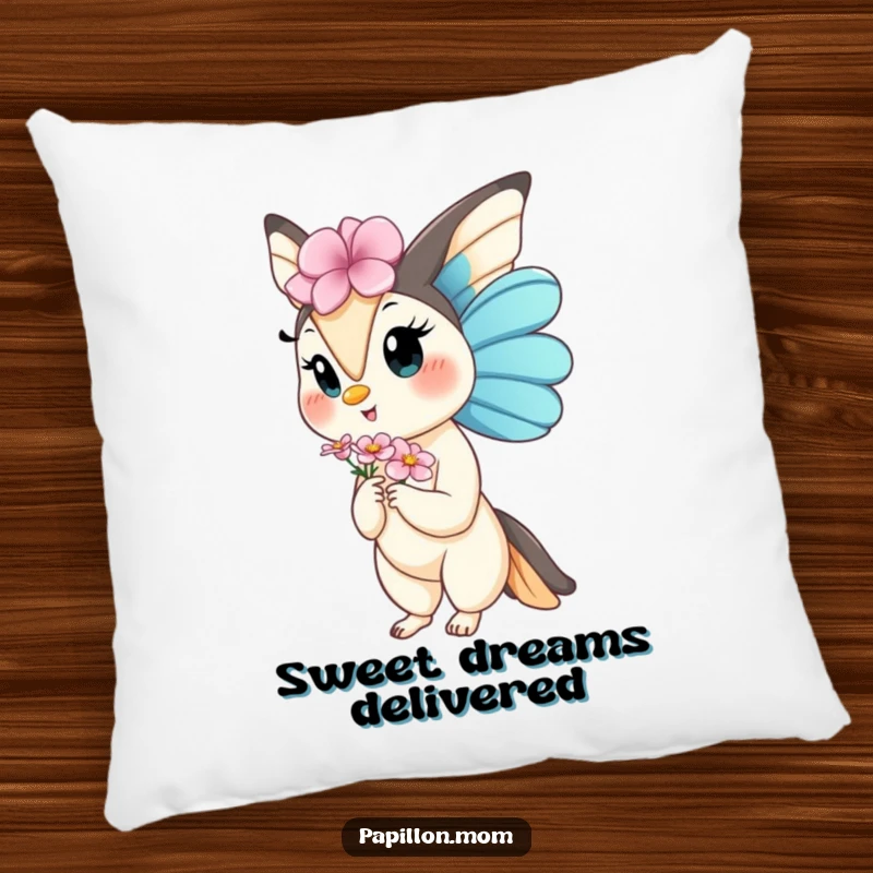 Funny Kawaii Papillon Lady pillow featuring a dog gracefully offering a flower, perfect for adding gentle humor and soft comfort to any space.