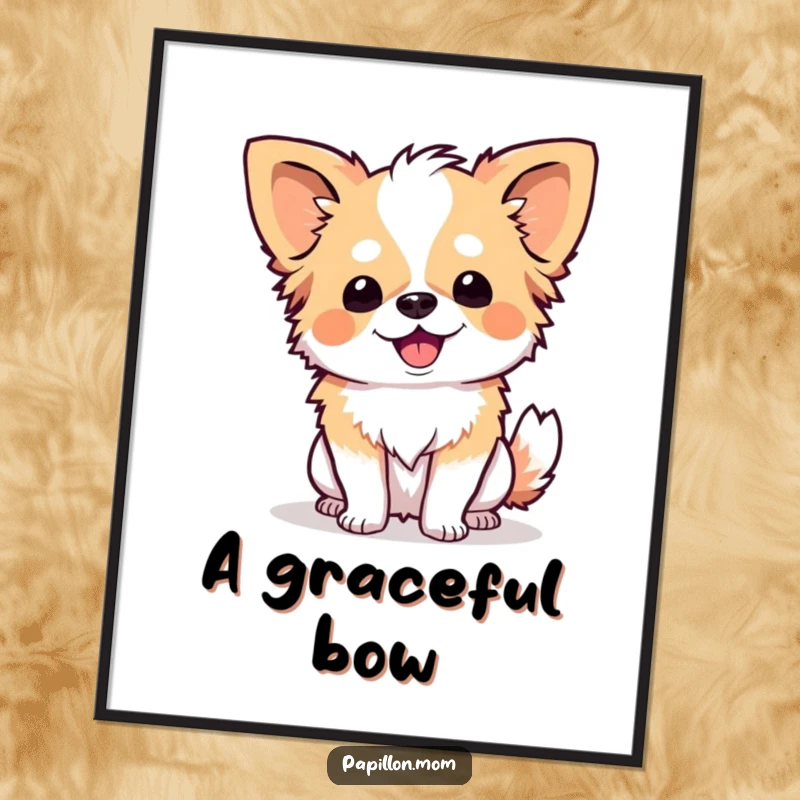 Funny Papillon dog performing a sweet and happy curtsy, as a high-resolution digital art print.
