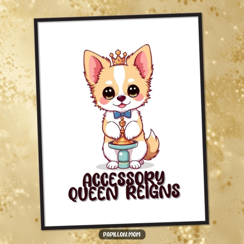 Funny Kawaii Papillon dog digital art print, featuring a stylish French butterfly dog balancing a tiny, ornate accessory with grace and undeniable flair.