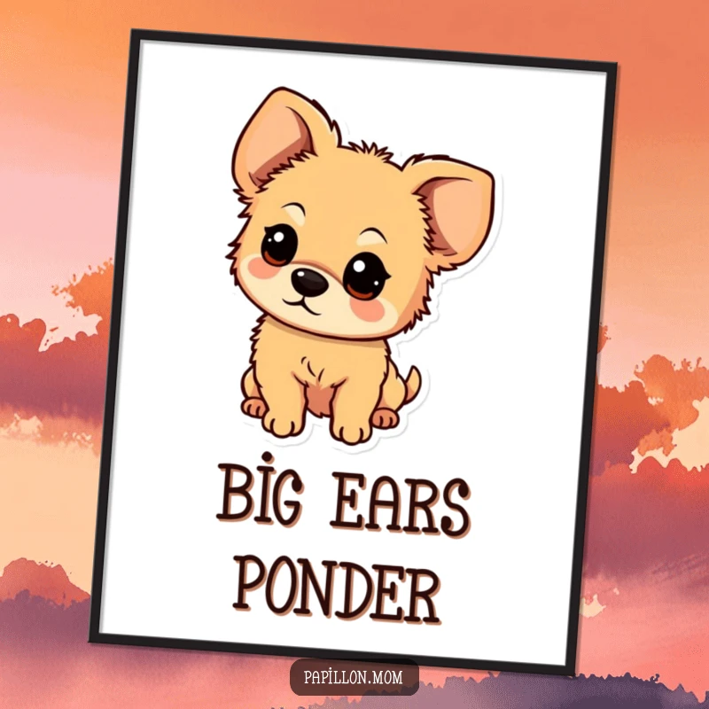 Funny digital art print of a small, fluffy dog with large, floppy ears tilting its head with an adorable, curious expression.