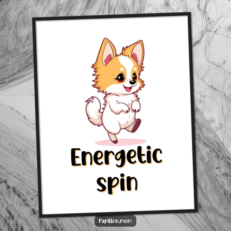 Funny Papillon dog digital art print of a dog in a quick, energetic twirl, perfect for dynamic wall art.
