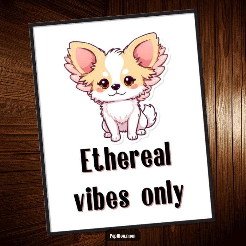 Funny Papillon dog digital art print of a cute character with oversized, gently flapping wings, radiating a sense of wonder and sweetness.