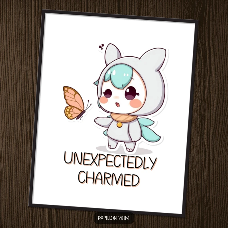 Funny digital art print showing a character’s wide-eyed surprise and delight at a butterfly, an instant mood-booster for any wall.
