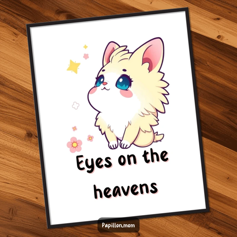Funny Kawaii Papillon digital art print of a cute lady looking up at the sky with eyes full of wonder and ethereal beauty.