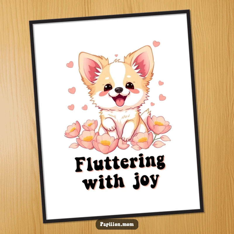 Funny Kawaii Papillon dog digital art print, featuring a cute French butterfly dog fluttering with pure excitement surrounded by soft, delicate petals.