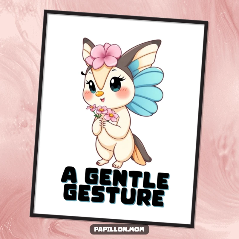 Funny Kawaii Papillon Lady digital art print of a dog gracefully offering a flower, perfect for instant, charming decor with gentle humor.