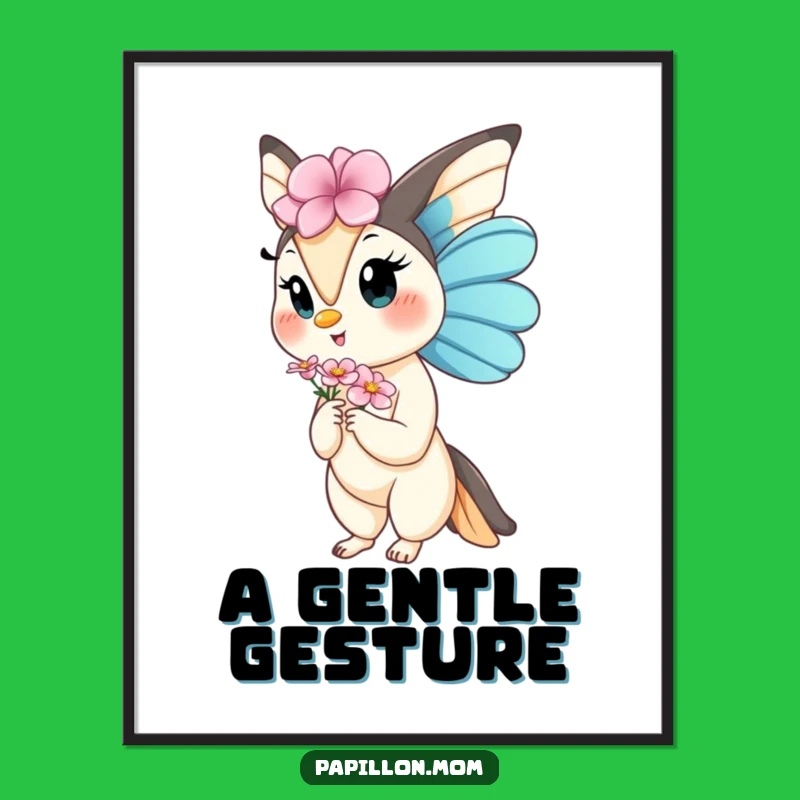 Funny Kawaii Papillon Lady Digital Art: Printable Grace with a Flower