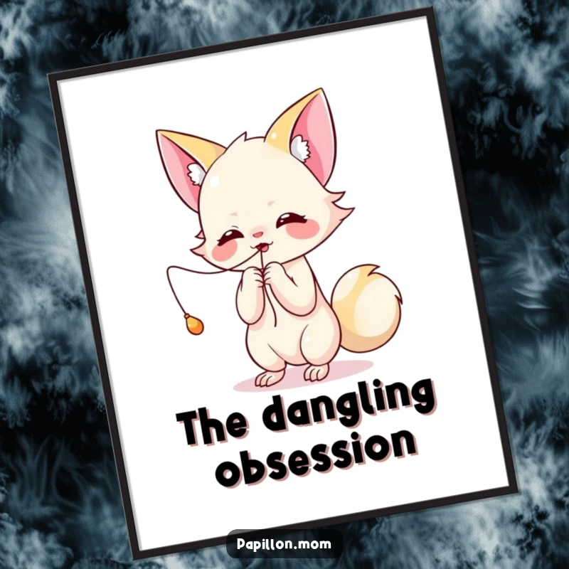 Funny Kawaii Papillon digital art print of a cute lady playfully batting at a dangling string, capturing energetic fun and playful spirit.