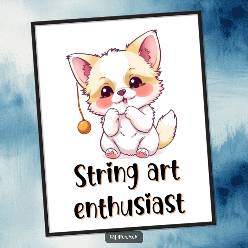 Funny Papillon digital art print showing a dog hilariously batting at a dangling string, full of playful energy.
