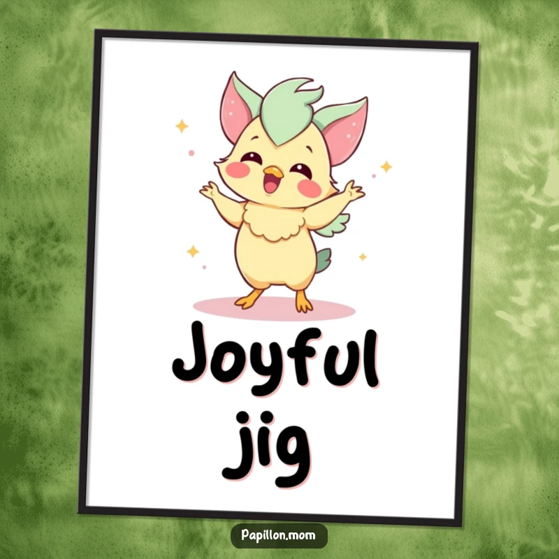 Funny Papillon digital art print of a delighted Papillon dog performing a charming dance, perfect for instant decor and gifts.