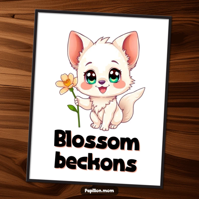 Funny Papillon digital art print of a happy Papillon dog reaching for a flower, perfect for instant home decor and gifts.