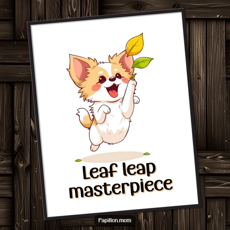 Funny Papillon dog dynamically leaping to catch a single falling leaf, as a high-resolution digital art print.