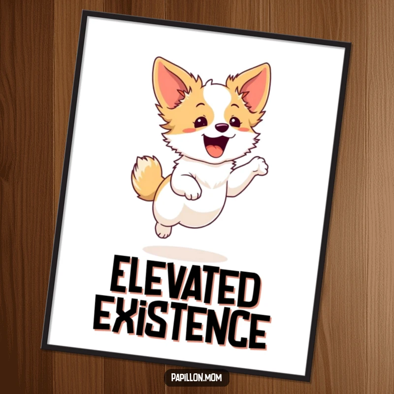 Funny Papillon dog digital art print of a cute character performing a small, graceful leap with excitement, radiating happiness and playful energy.