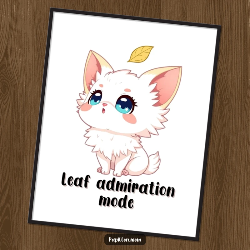 Funny Papillon digital art print showing a dog with sparkling eyes looking up at a falling leaf, evoking wonder.