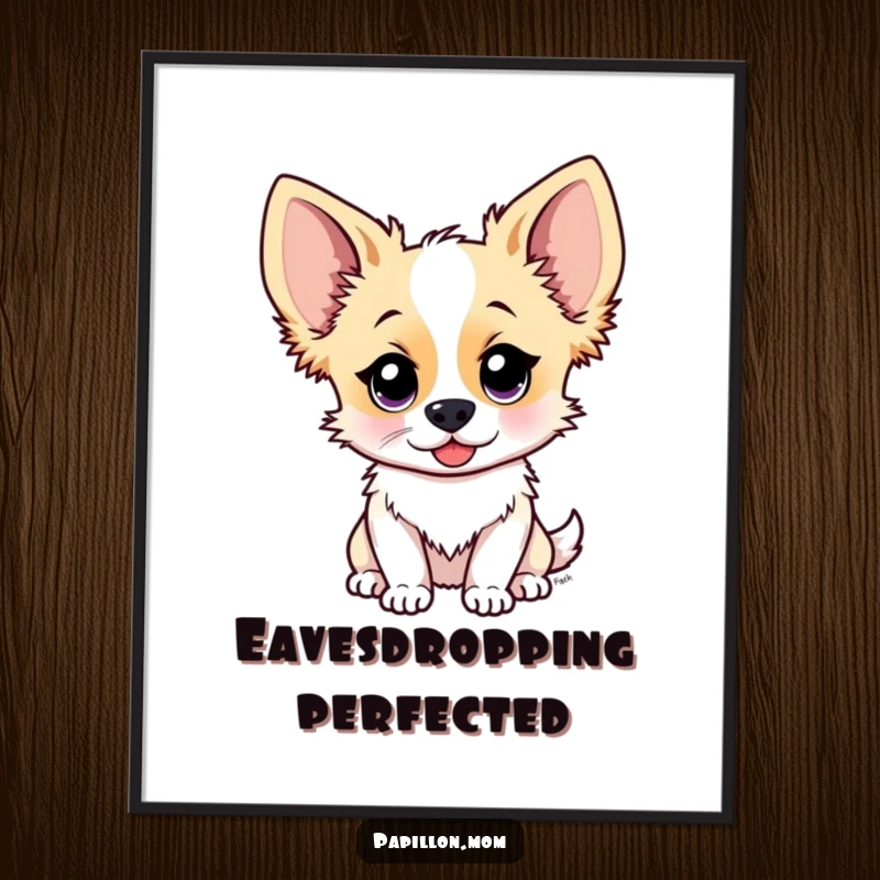 Funny Papillon dog digital art print of a cute character with ears perked high, attentively listening, embodying curiosity and playful engagement.