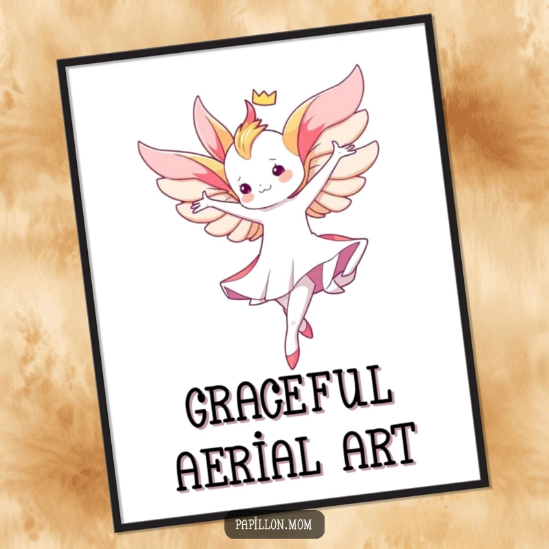 Funny Kawaii Papillon digital art print of a cute lady performing a graceful aerial twirl, capturing ethereal beauty and fluid artistry.