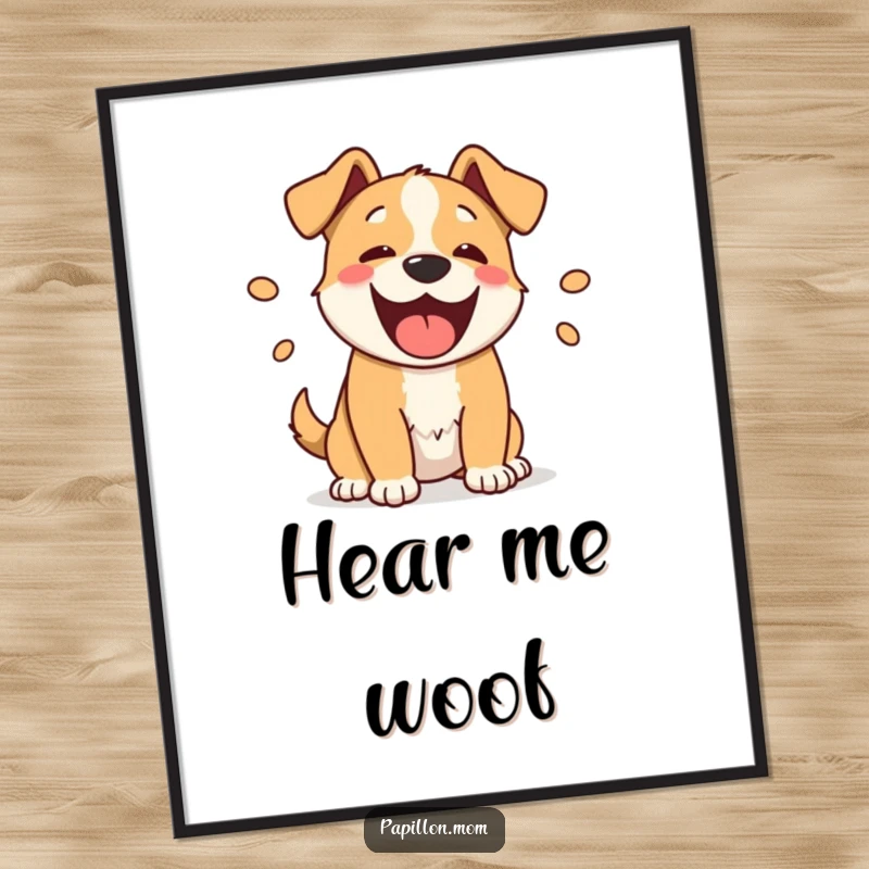Funny barking dog digital art print, download featuring a happy dog with playful sound ovals, for joyful decor.