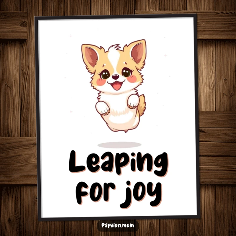 Funny Kawaii Papillon Dog Digital Art Print of a Papillon dog leaping playfully with a joyful sparkle in its eyes, energetic artwork.