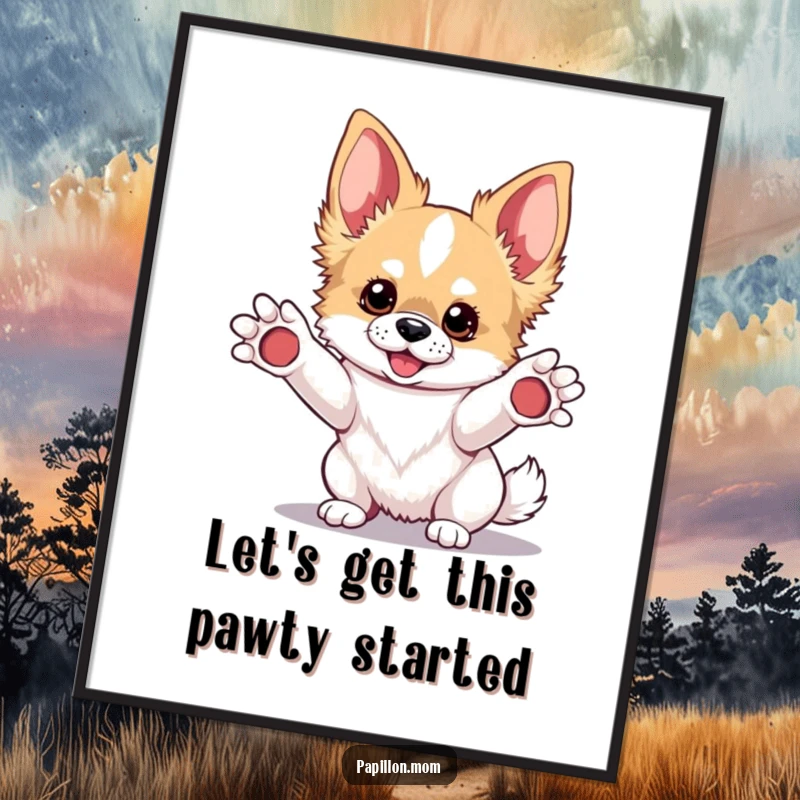 Funny Kawaii Papillon dog digital art print, cute pup with paws extended, ready for play, high-quality artwork.