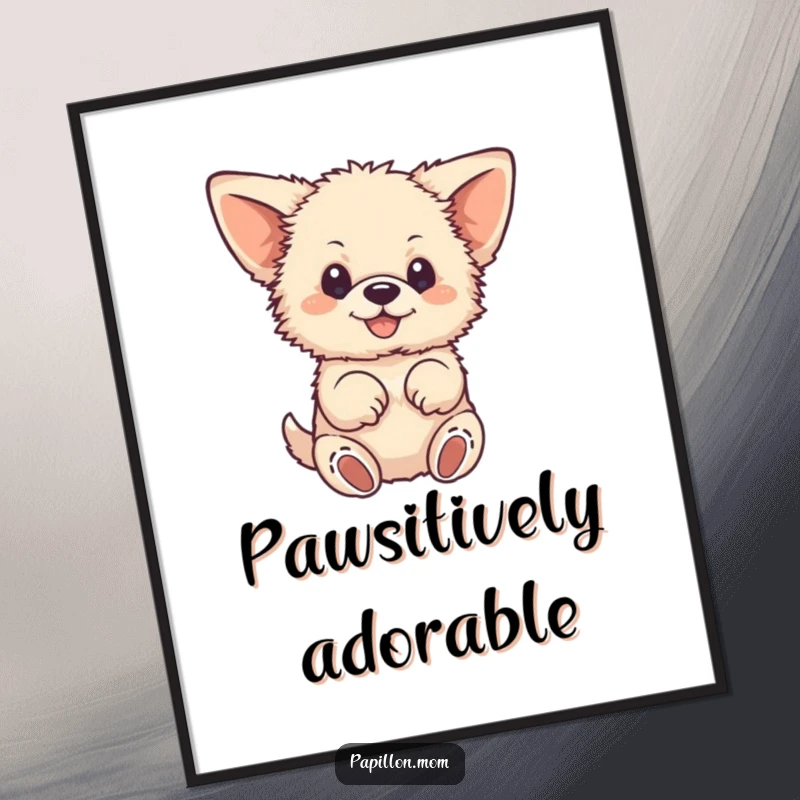 Funny digital art print of a small, fluffy dog, large ears, joyfully fluttering its paws; high-resolution, printable wall art.