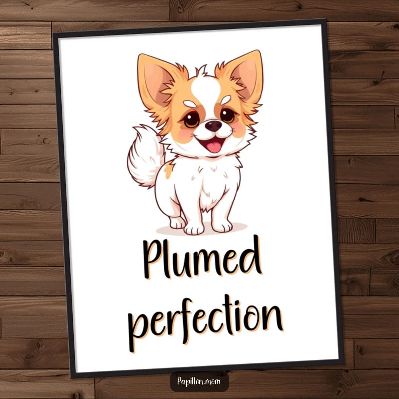 Funny digital art print of a Papillon dog joyfully wagging its plumed tail, perfect for cheerful decor.