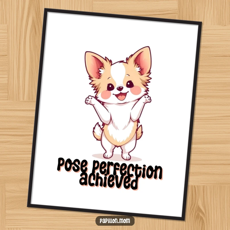 Funny Kawaii Papillon dog digital art print, featuring a cute French butterfly dog in an elegant pose, radiating pure, infectious delight.